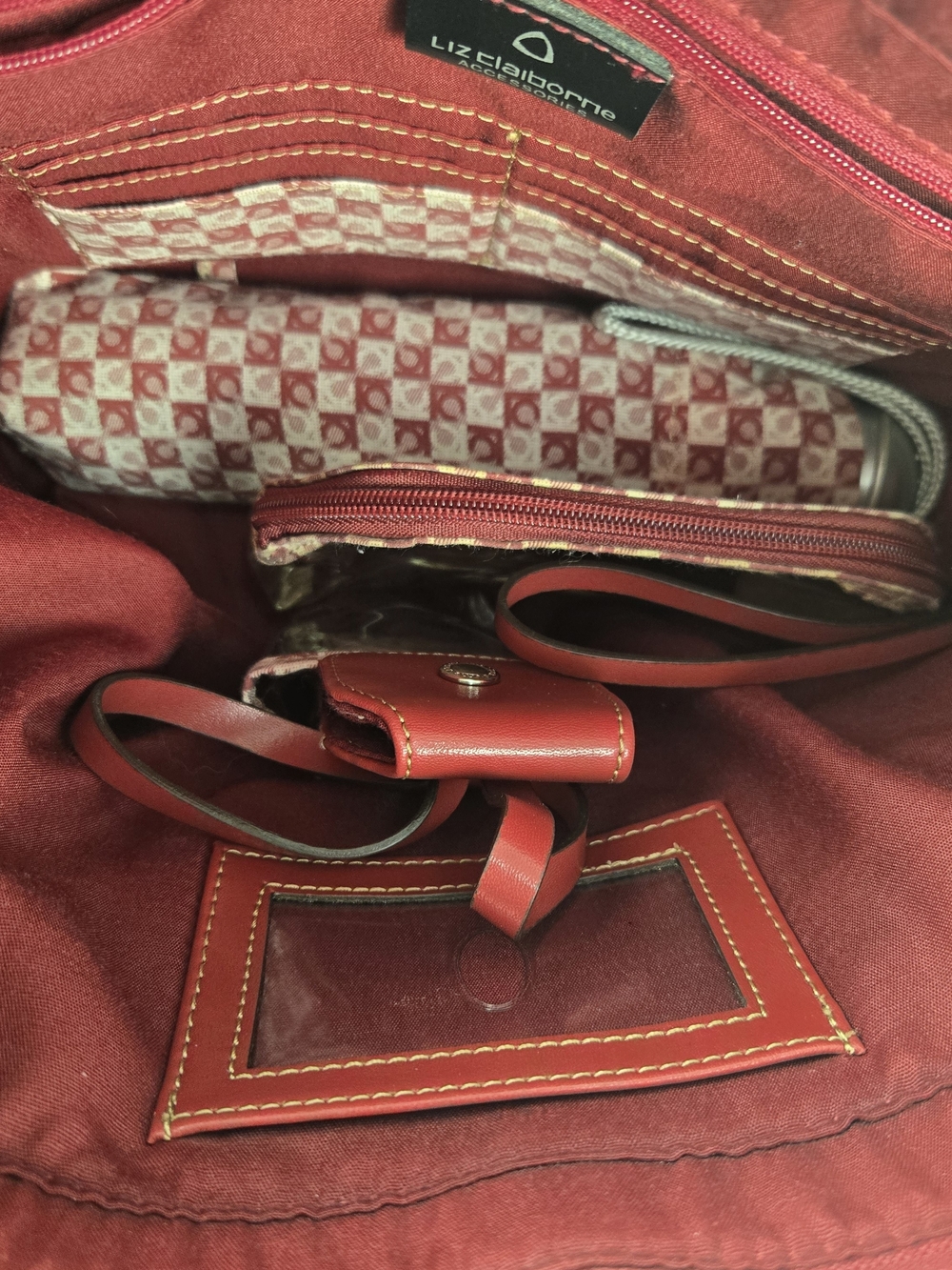 Vintage Liz Claiborne Red Handbag Accessories Shoulder Purse Umbrella W Dry Slot - Picture 15 of 16